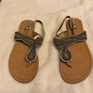 Elegant Beaded Sandals - Tan and Gold